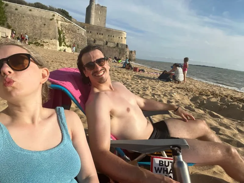 Tess and Jonny in front of Fort Vauban at low tide
